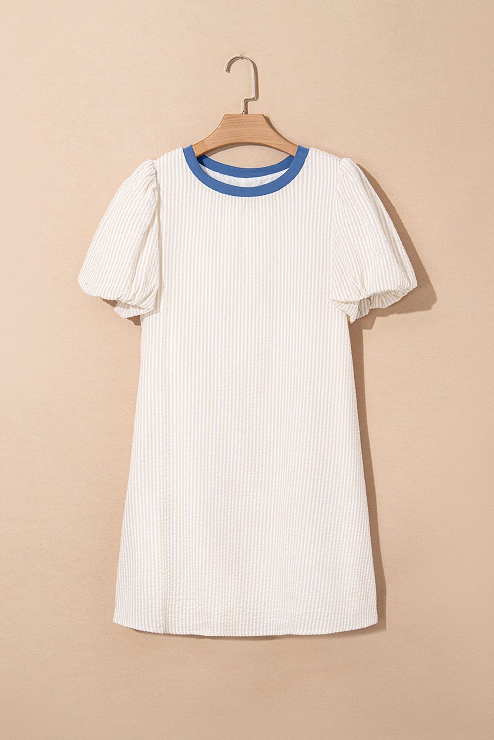 Beige Stripe Seersucker Contrast Round Neck Puff Sleeve T Shirt Dress