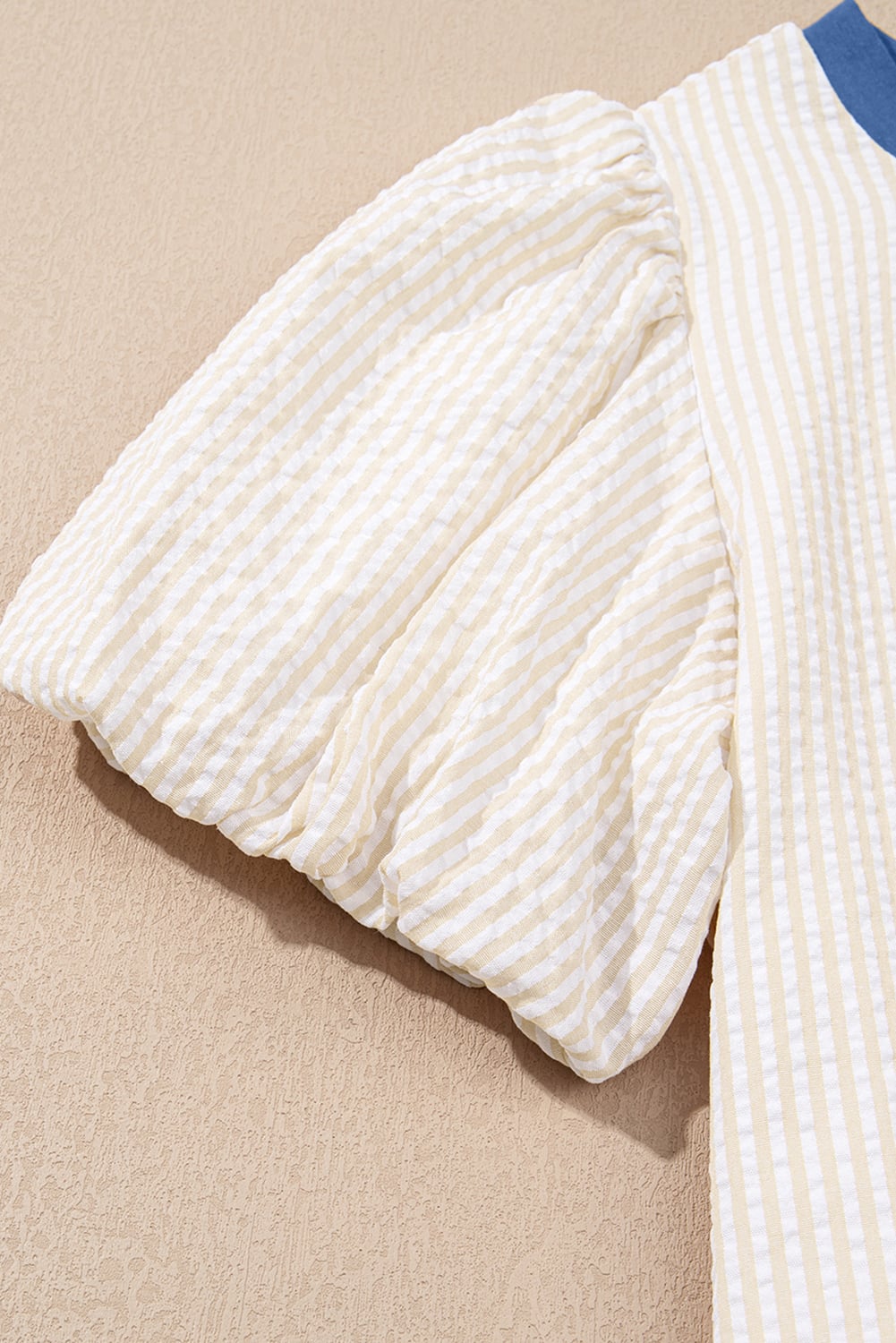 Beige Stripe Seersucker Contrast Round Neck Puff Sleeve T Shirt Dress