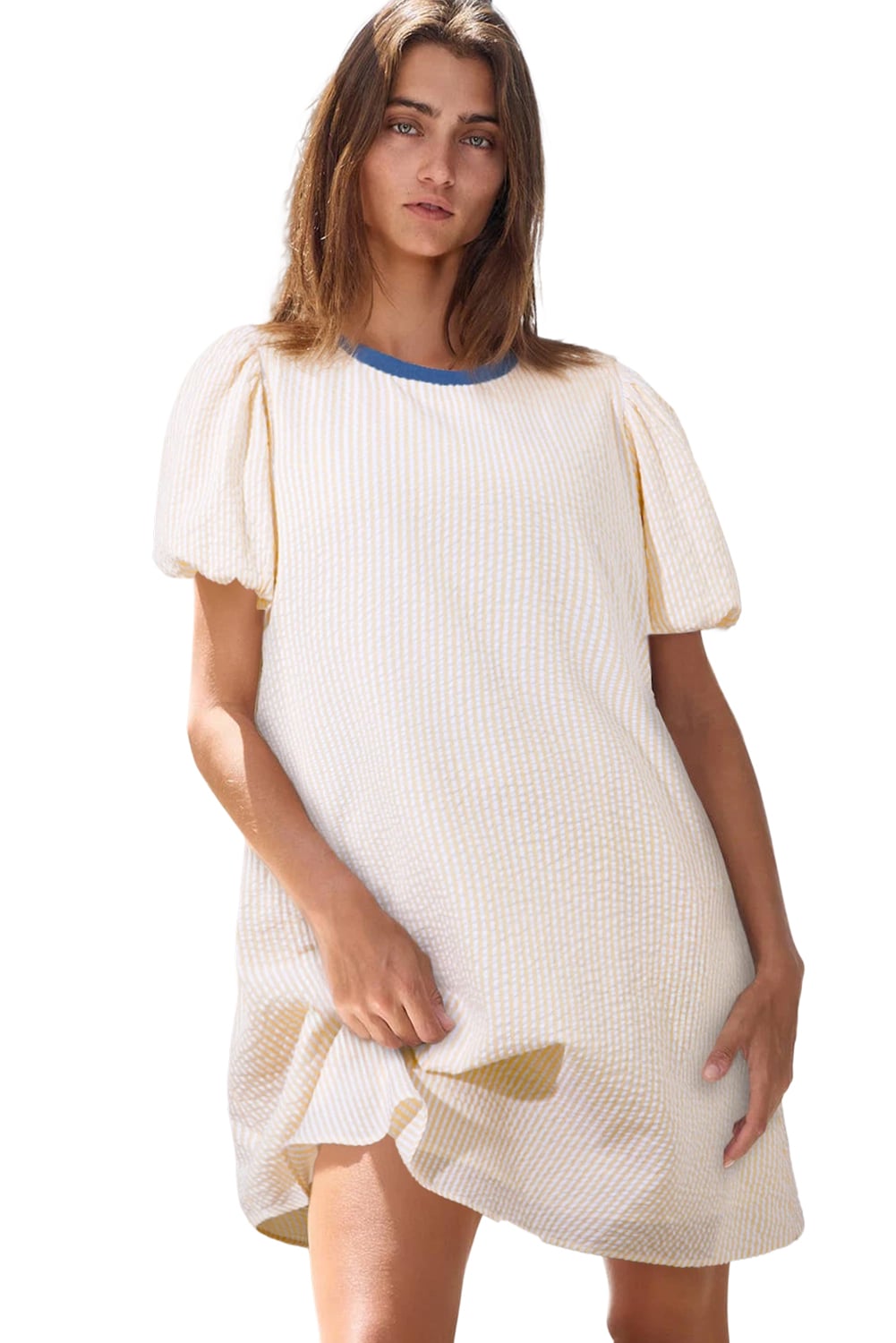 Beige Stripe Seersucker Contrast Round Neck Puff Sleeve T Shirt Dress