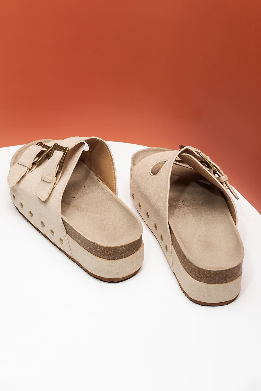 Beige Suede Buckle Decor Footbed Sandal Slippers
