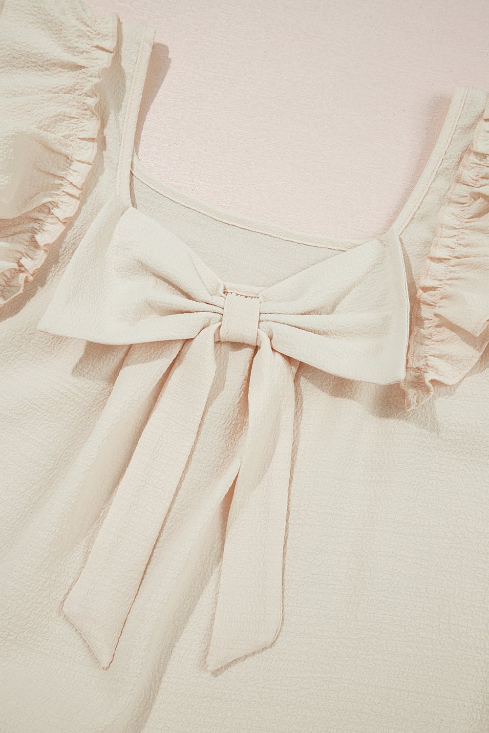 Beige Textured Bow Knot Frilled Butterfly Sleeve Blouse