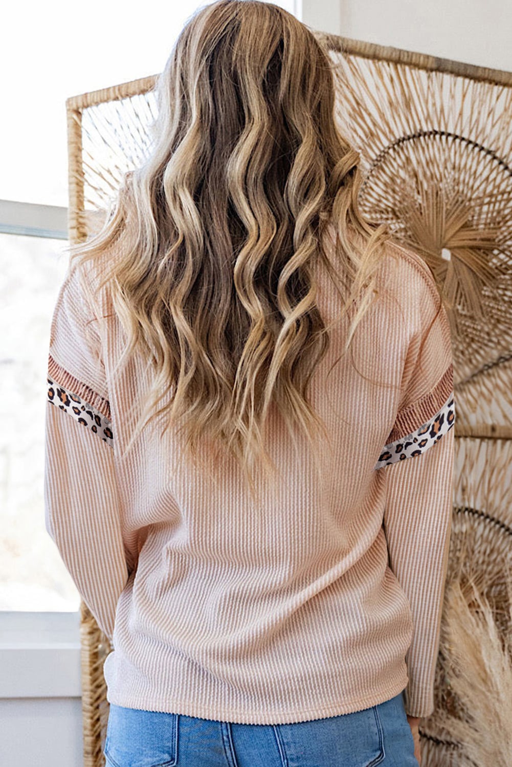 Beige Twist Ribbed Leopard Color Block Detail Drop Shoulder Long Sleeve Top