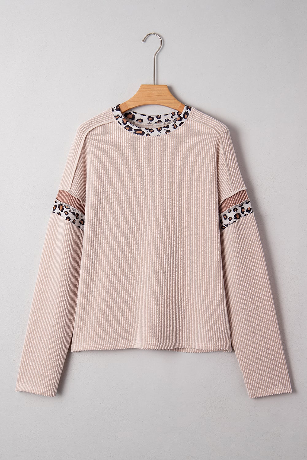 Beige Twist Ribbed Leopard Color Block Detail Drop Shoulder Long Sleeve Top