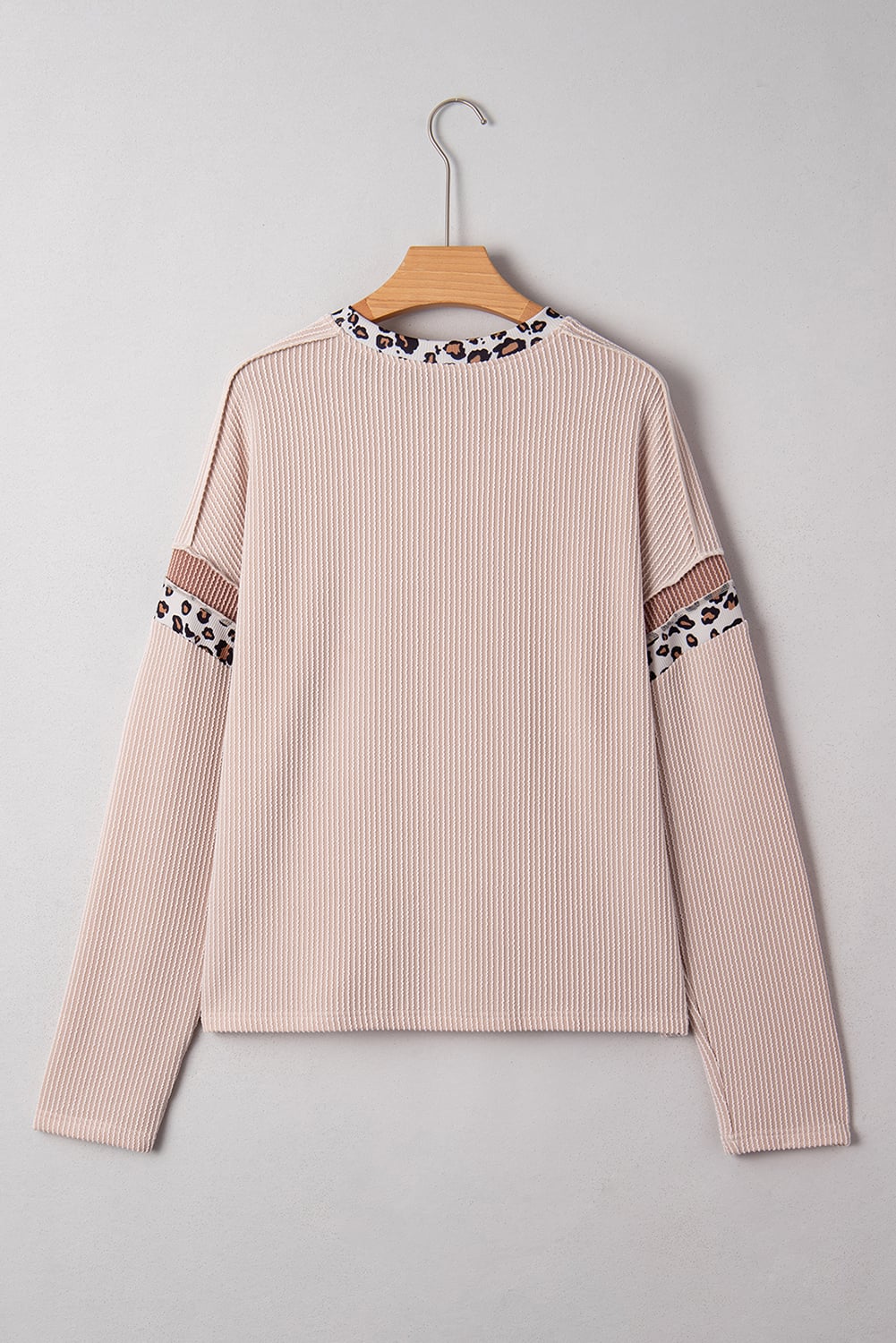 Beige Twist Ribbed Leopard Color Block Detail Drop Shoulder Long Sleeve Top