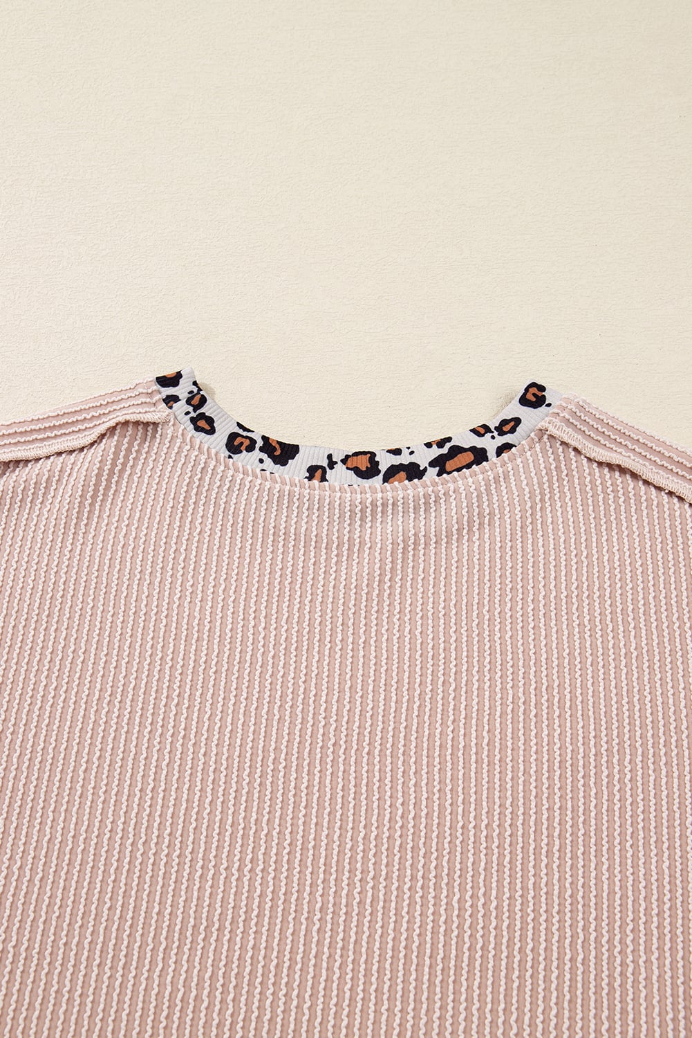 Beige Twist Ribbed Leopard Color Block Detail Drop Shoulder Long Sleeve Top