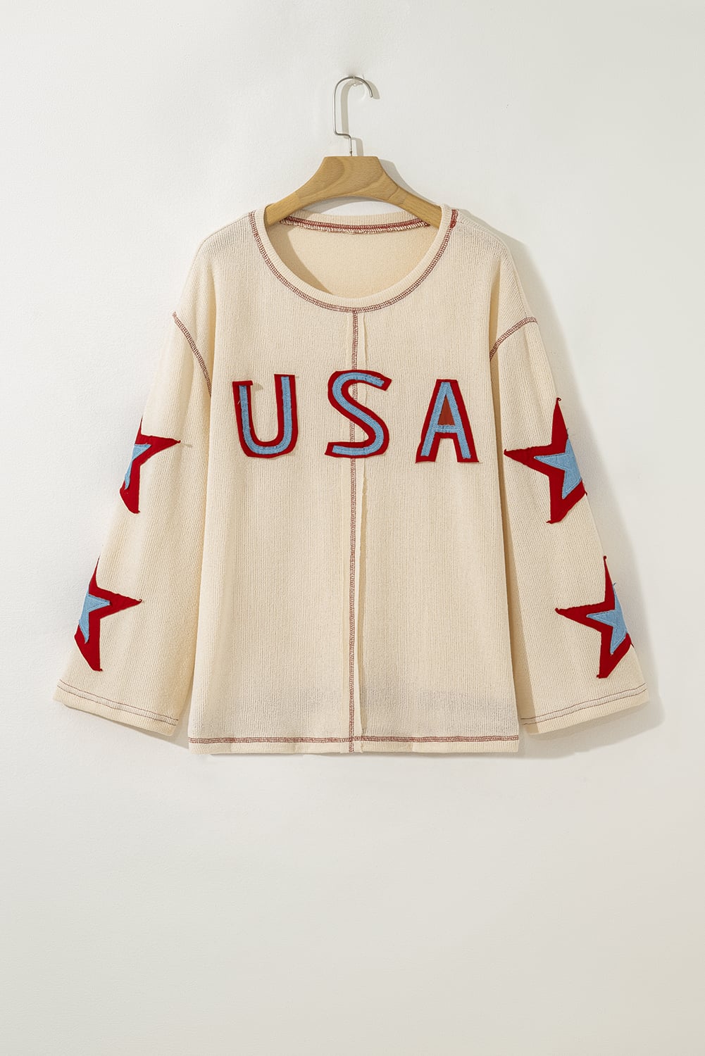 Beige USA Star Contrast Patchwork Exposed Seam Long Sleeve Top