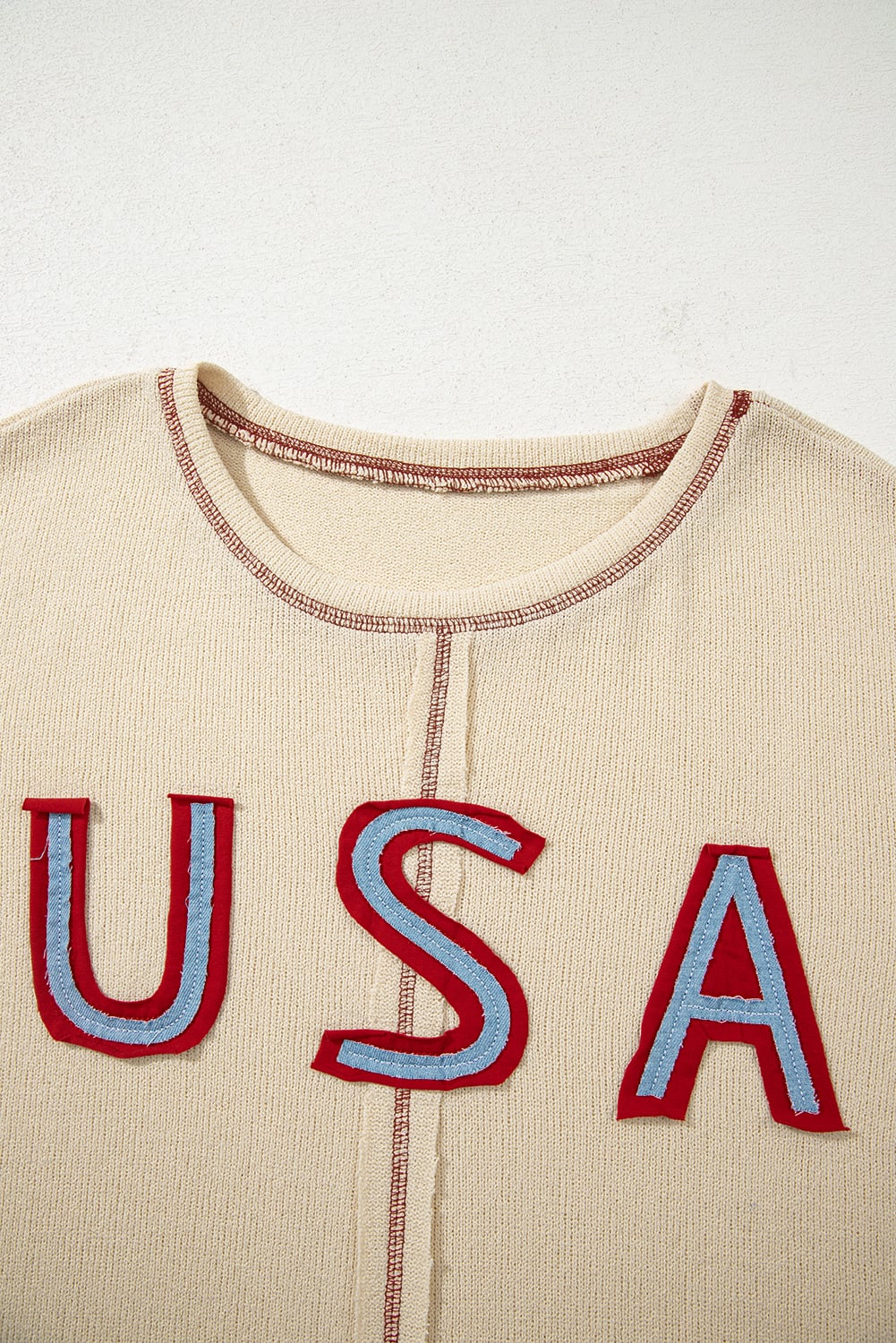 Beige USA Star Contrast Patchwork Exposed Seam Long Sleeve Top