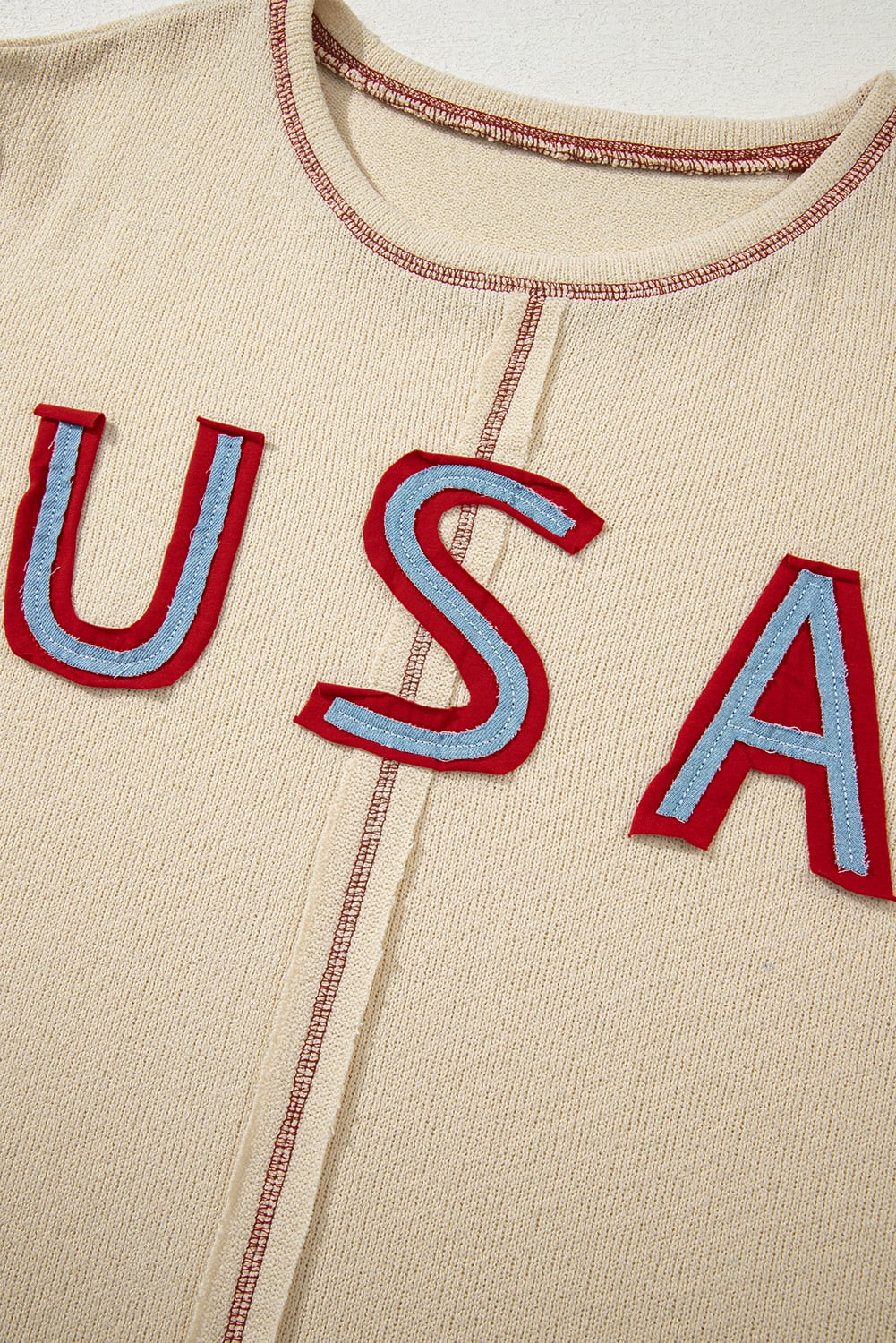 Beige USA Star Contrast Patchwork Exposed Seam Long Sleeve Top