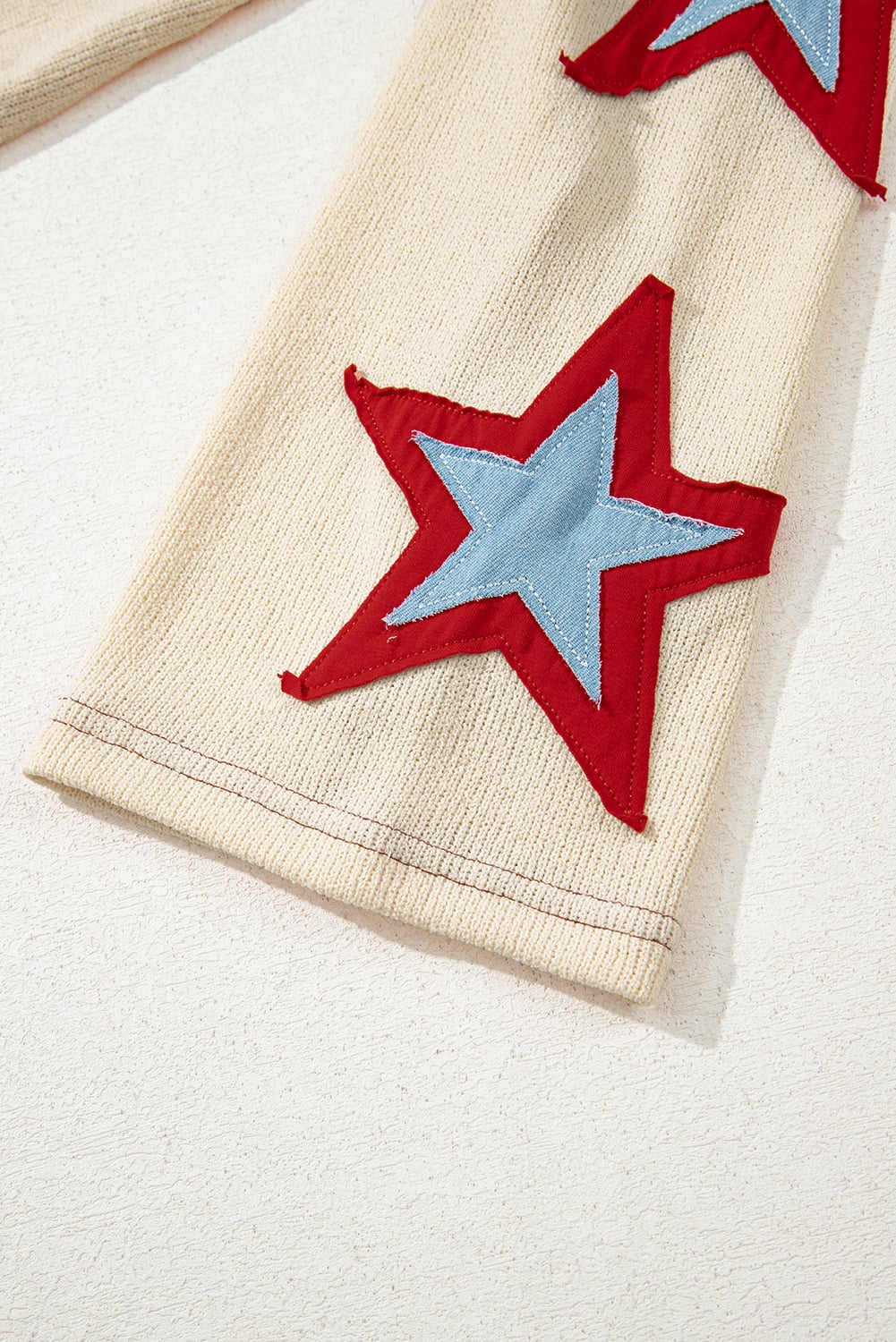 Beige USA Star Contrast Patchwork Exposed Seam Long Sleeve Top