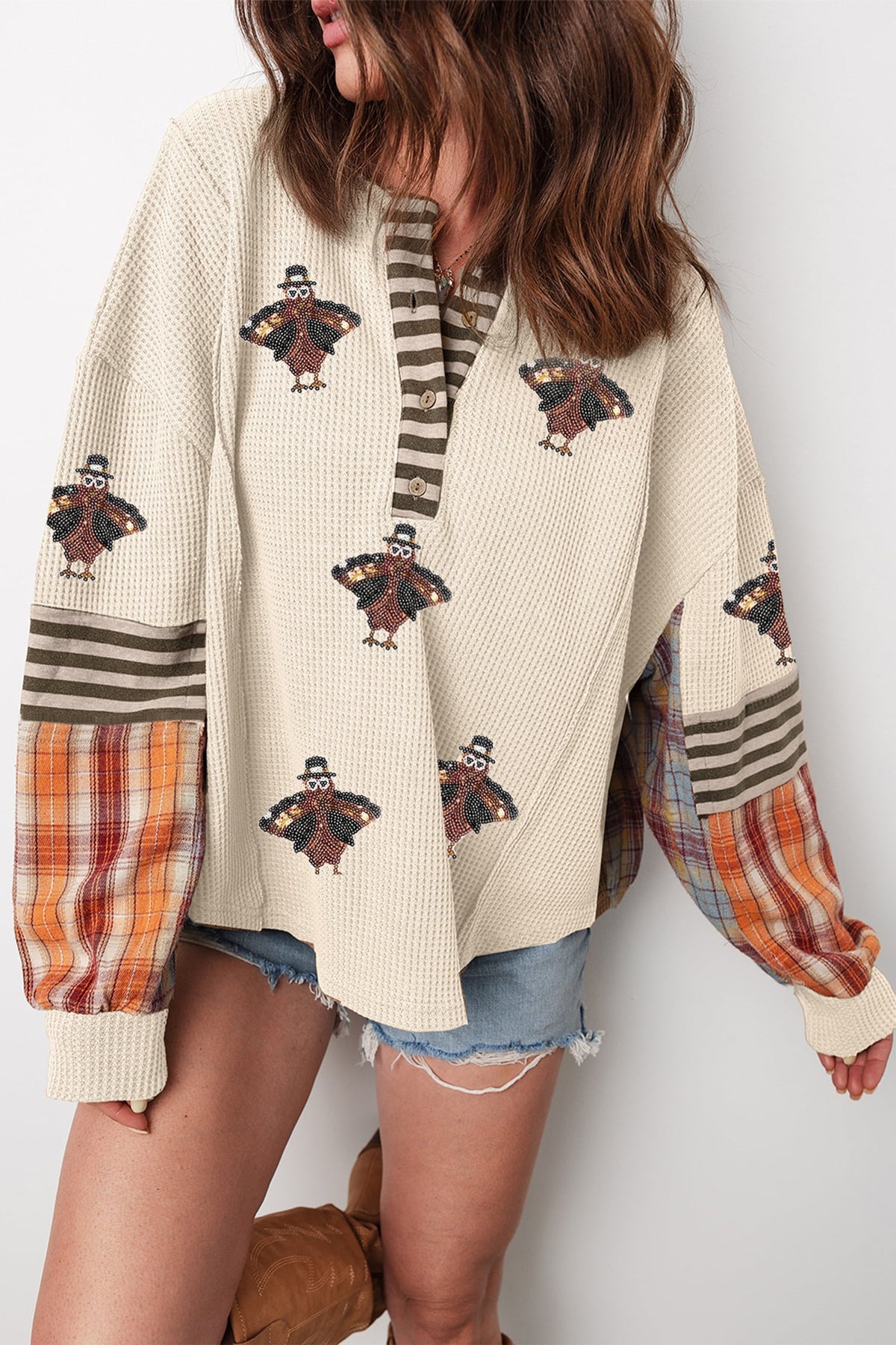 Beige Waffle Sequin Turkey Graphic Stripe Plaid Contrast Long Sleeve Henley Top