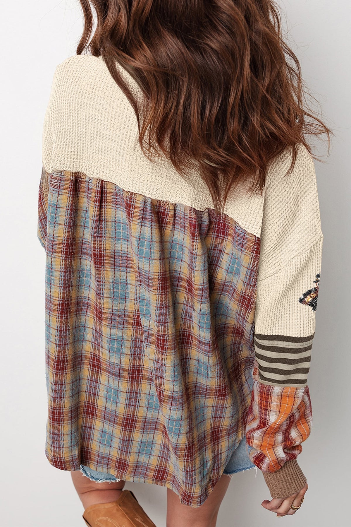 Beige Waffle Sequin Turkey Graphic Stripe Plaid Contrast Long Sleeve Henley Top