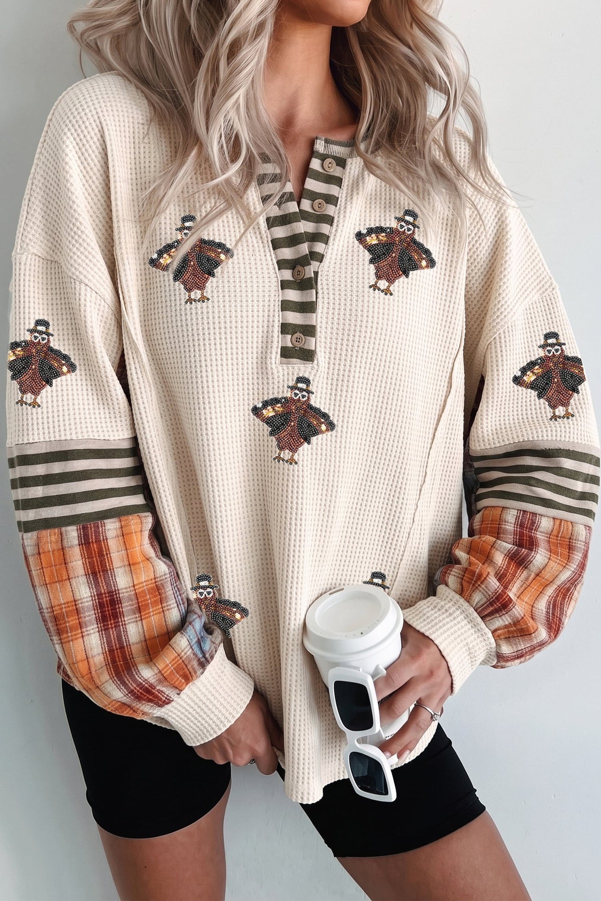 Beige Waffle Sequin Turkey Graphic Stripe Plaid Contrast Long Sleeve Henley Top