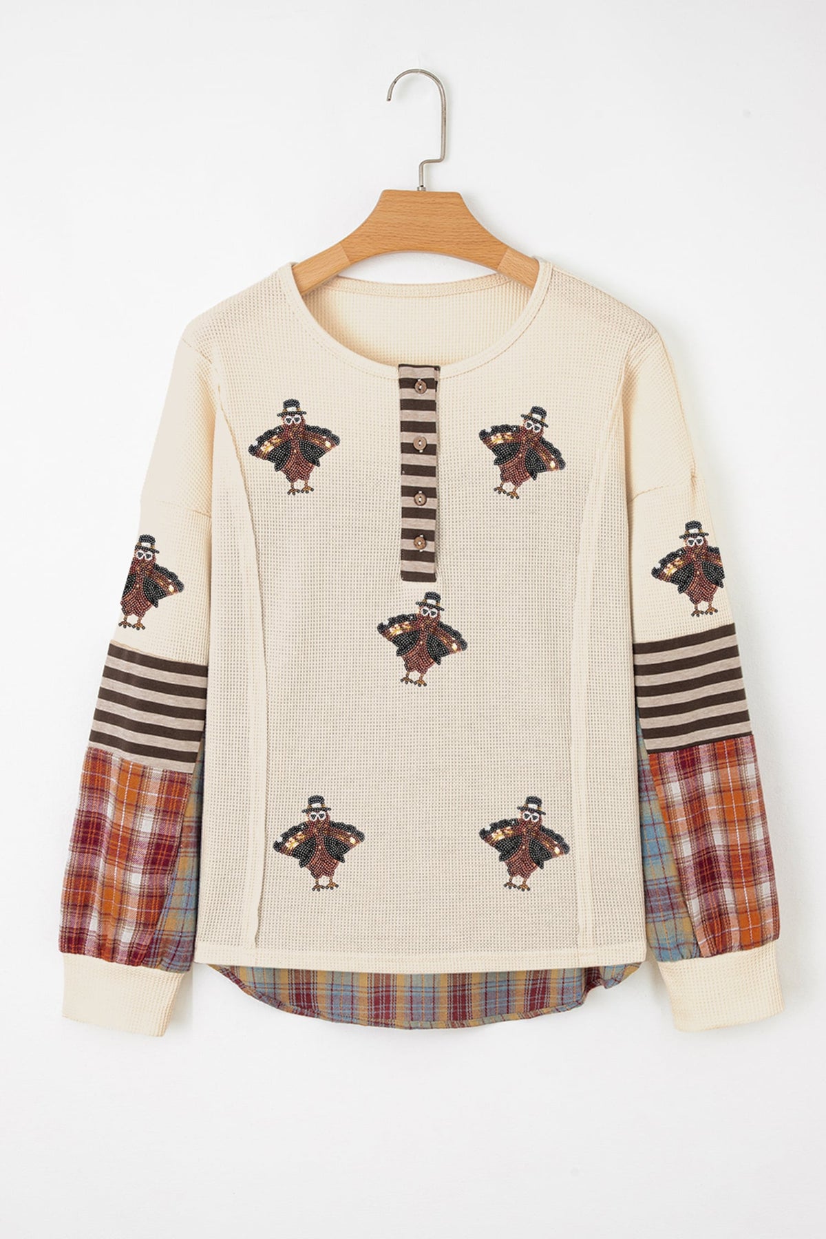 Beige Waffle Sequin Turkey Graphic Stripe Plaid Contrast Long Sleeve Henley Top