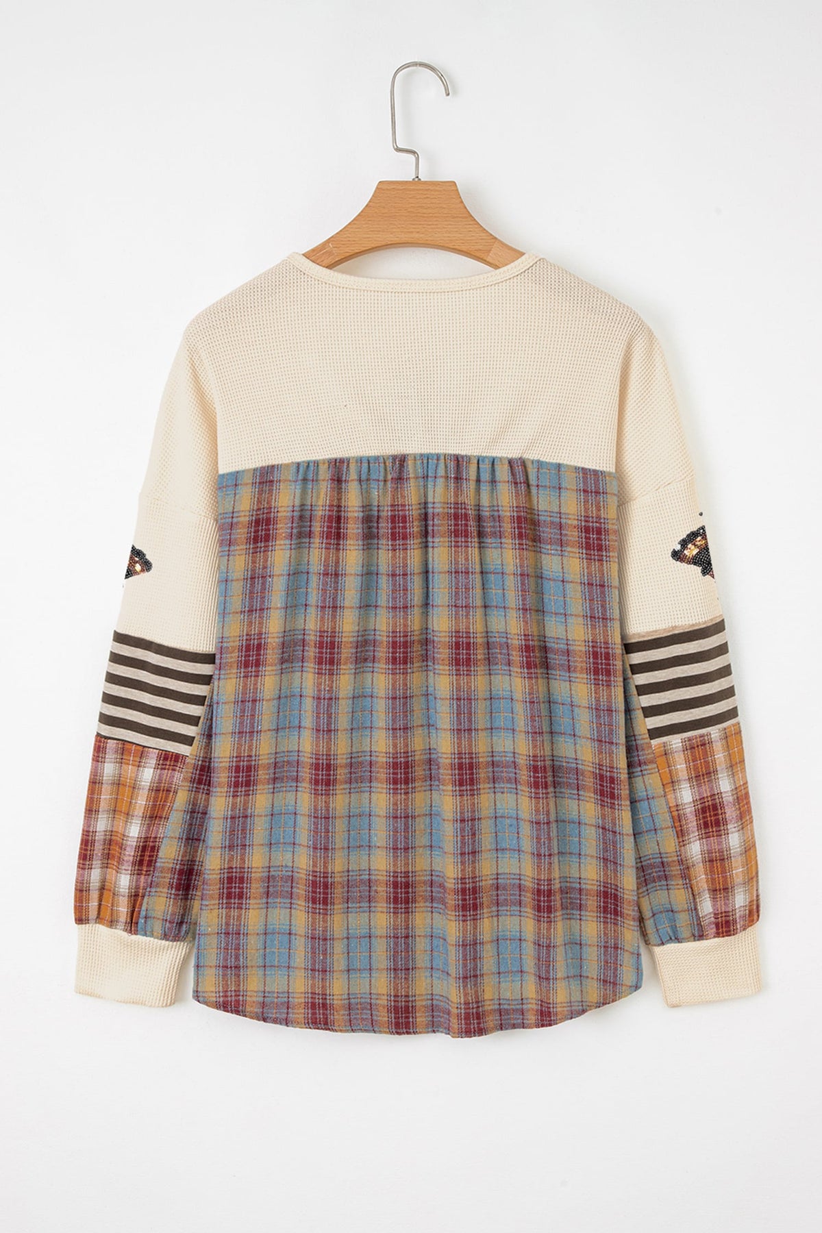Beige Waffle Sequin Turkey Graphic Stripe Plaid Contrast Long Sleeve Henley Top