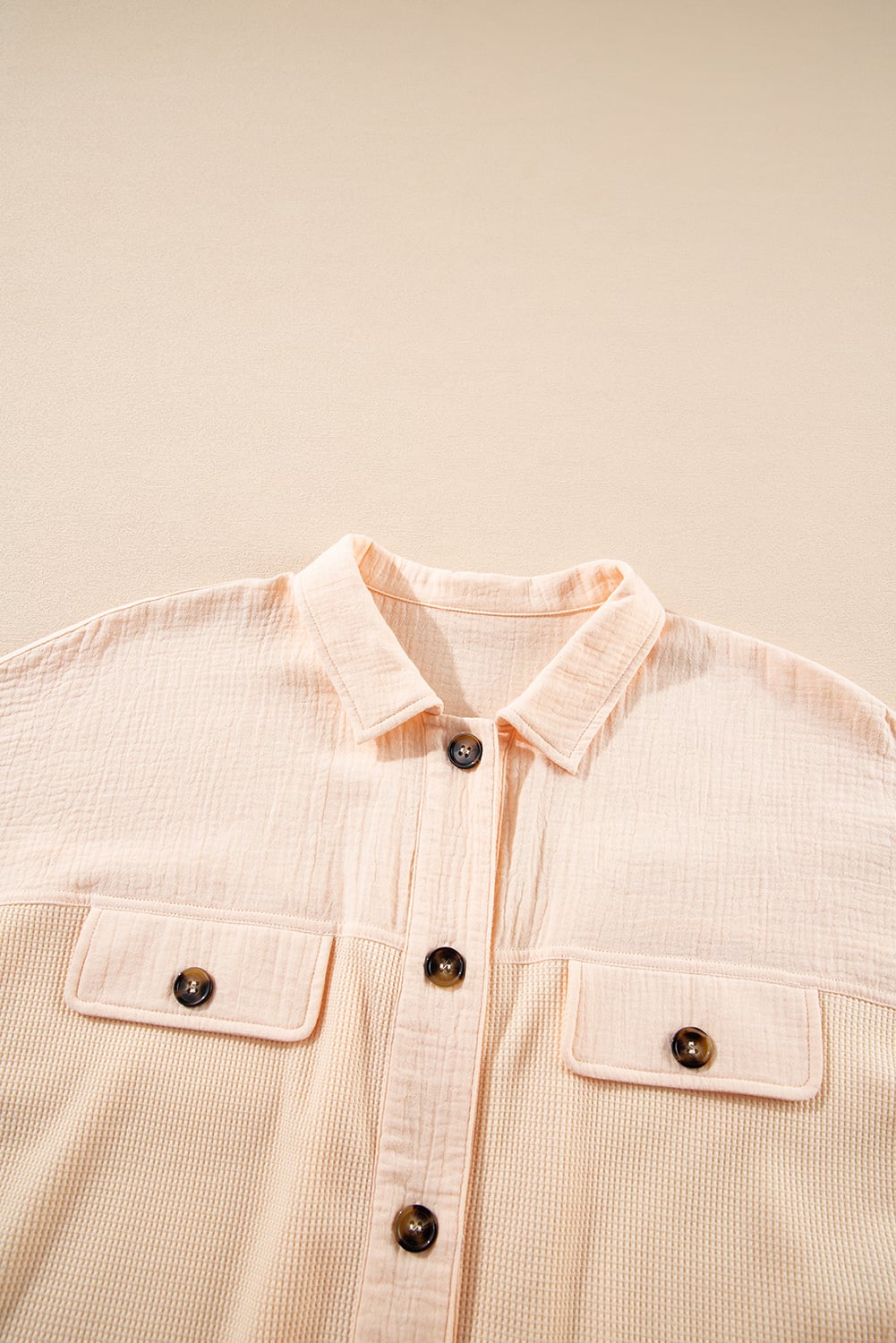 Beige Waffle Splicing Short Batwing Sleeve Flap Detail Shirt