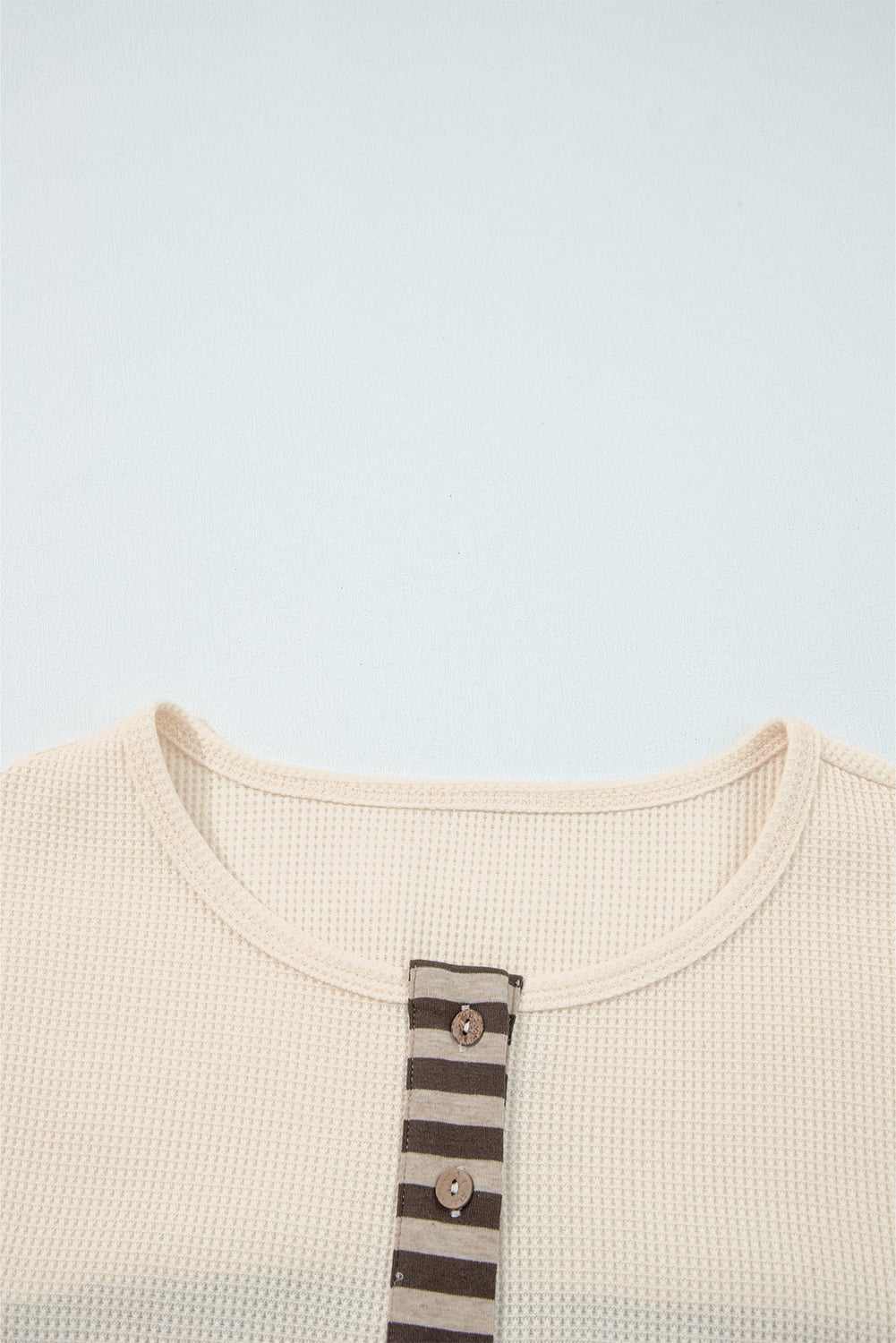 Beige Waffle Stripe Plaid Patchwork Henley Knit Top