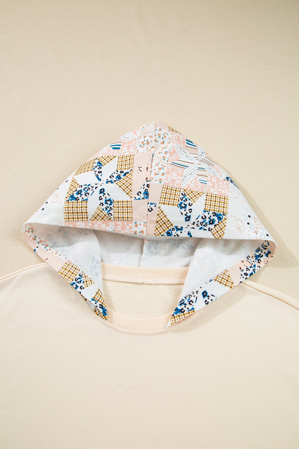 Beige Western Geo Pattern Patchwork Hoodie with Kangaroo Pocket