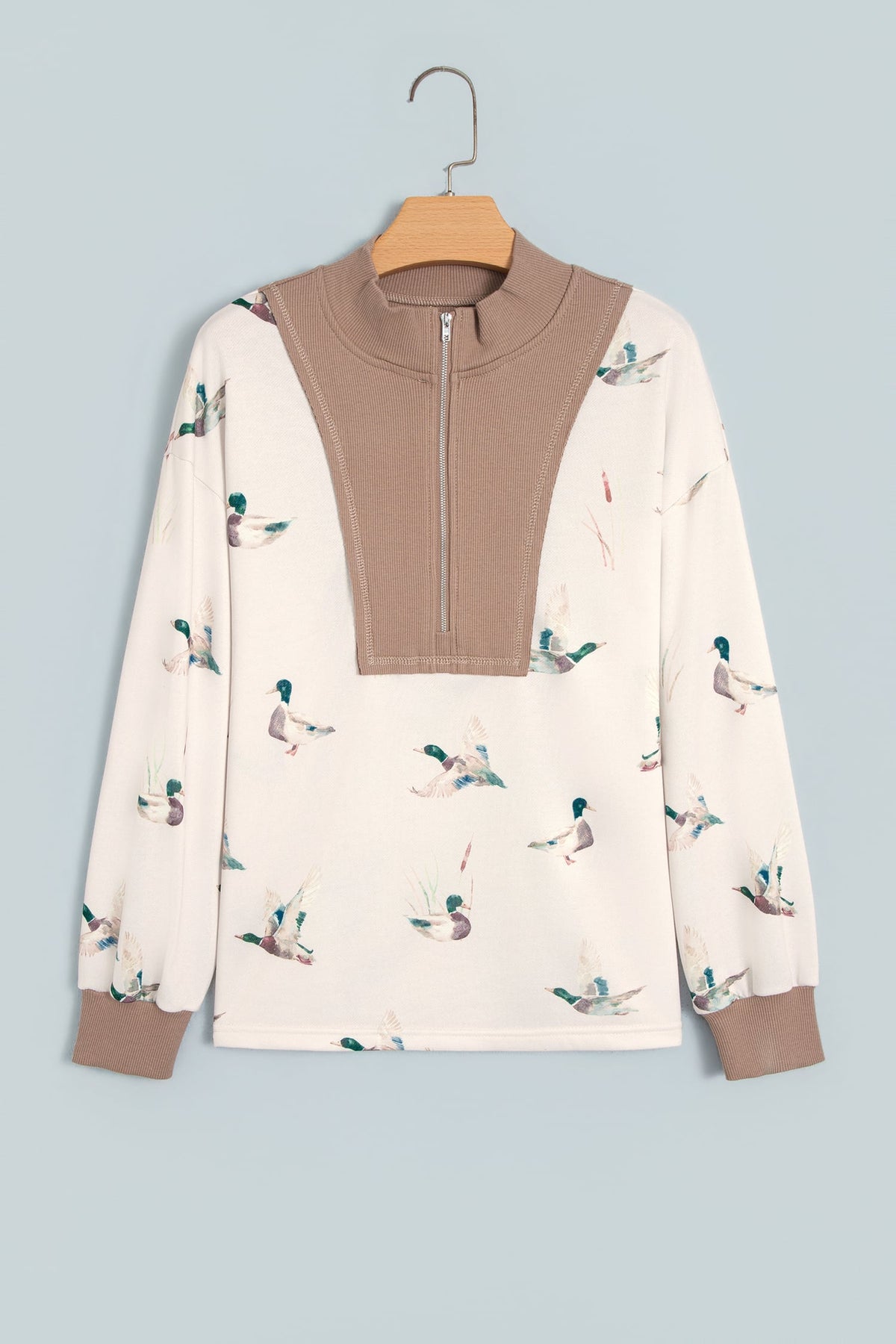 Beige Wild Mallard Print Color Block Patchwork Zip Neck Tunic Top