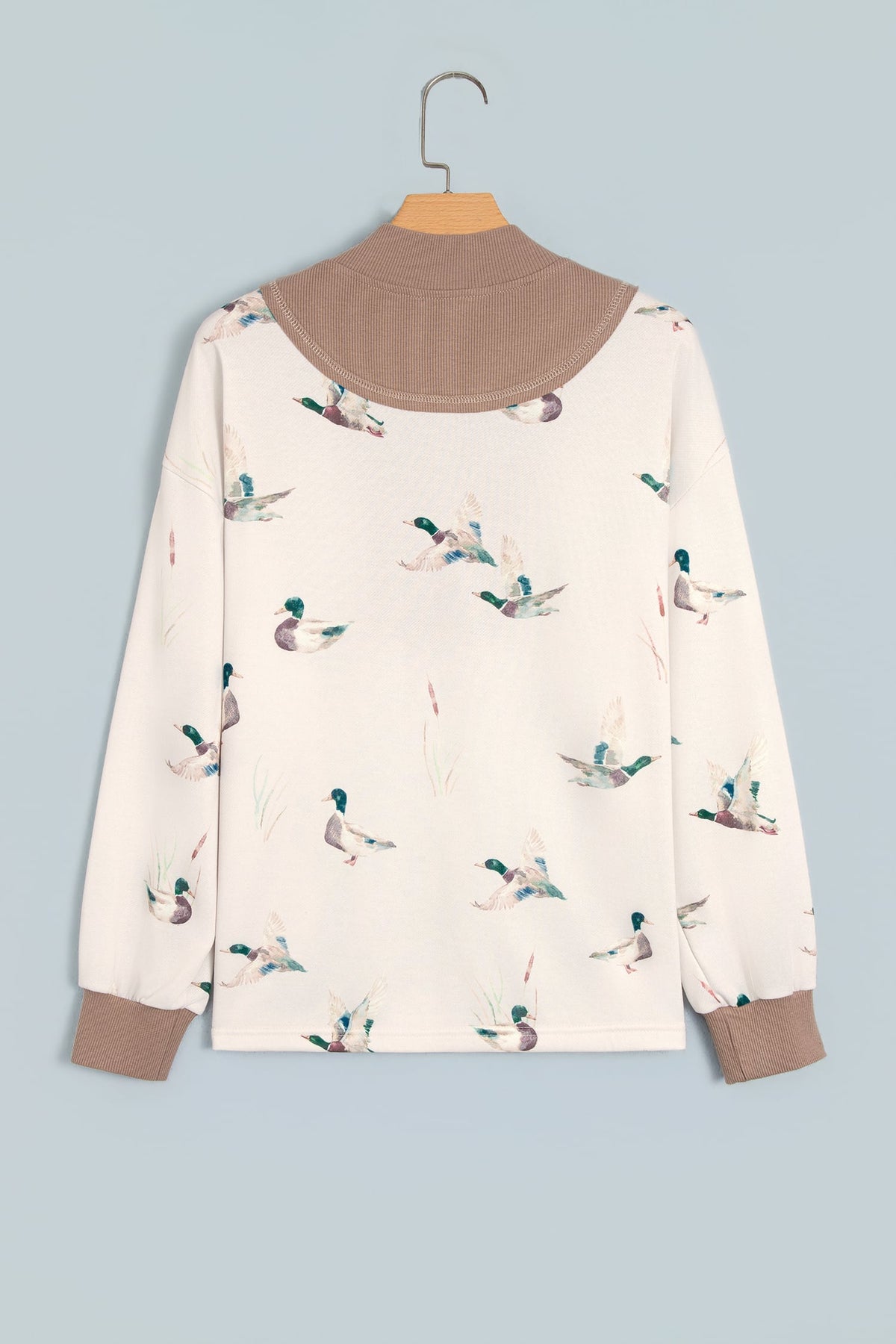 Beige Wild Mallard Print Color Block Patchwork Zip Neck Tunic Top