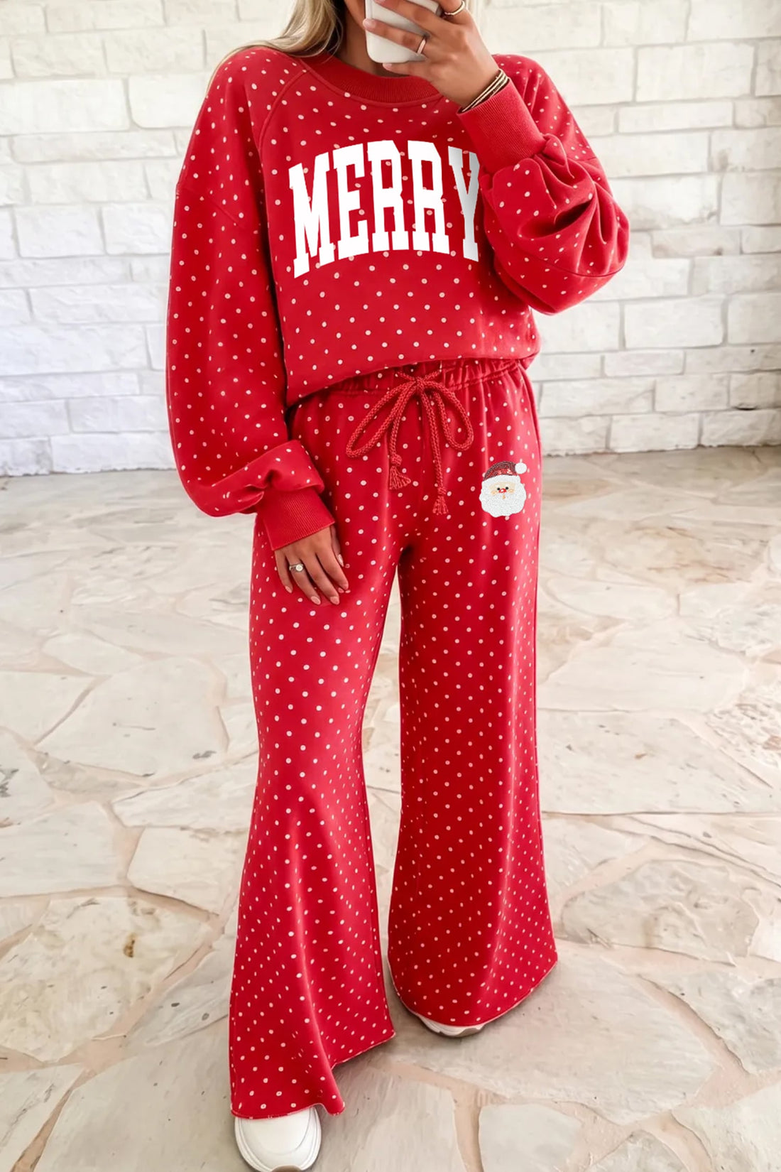 Red Christmas MERRY Graphic Polka Dot Letter Wide Leg Pants Set