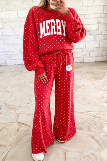 Red Christmas MERRY Graphic Polka Dot Letter Wide Leg Pants Set