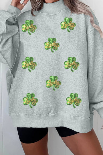 Gray Lucky Clover Sequin Graphic Mock Neck Sweatshirt