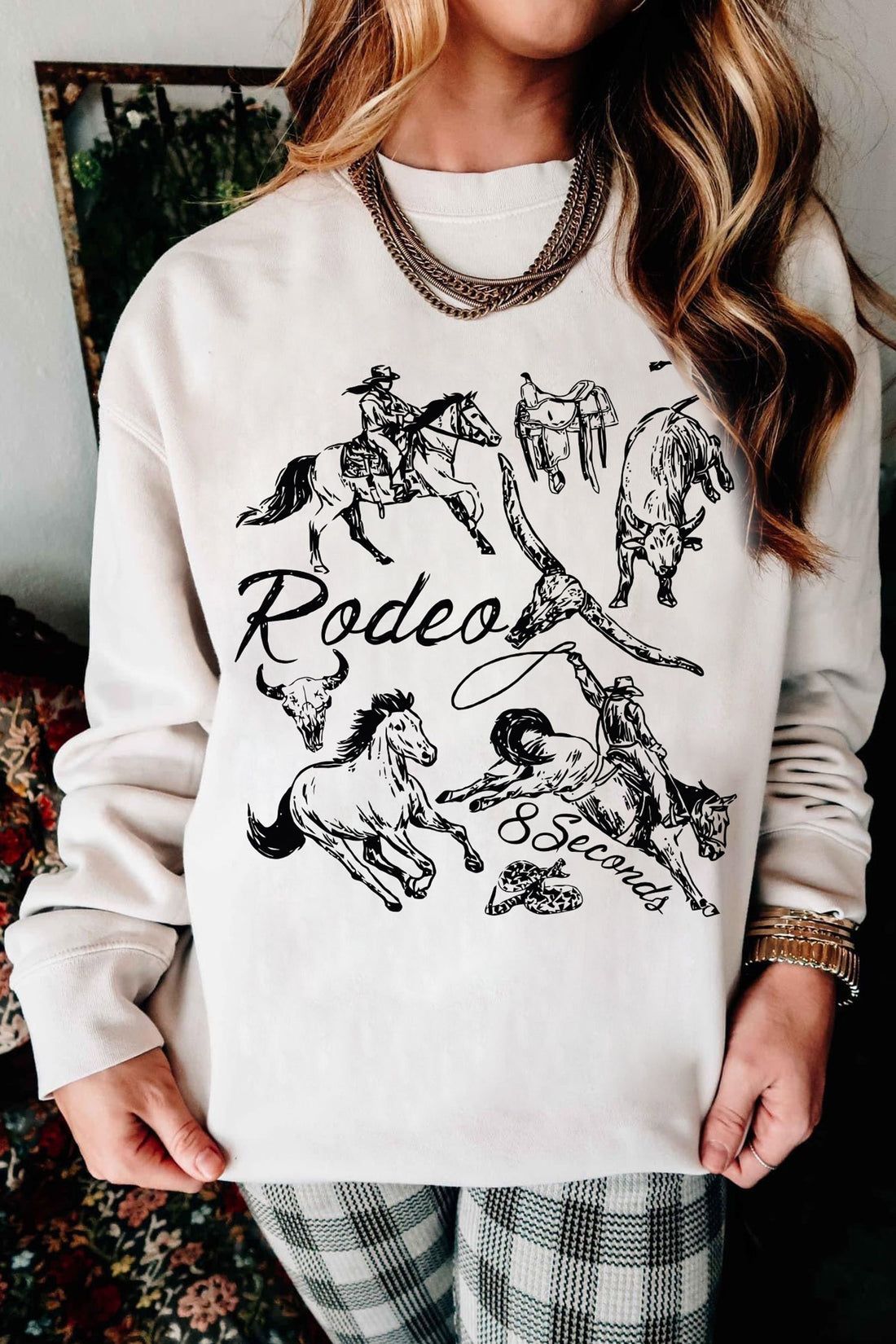 White Rodeo 8 Seconds Western Print Casual Graphic Sweatshirt