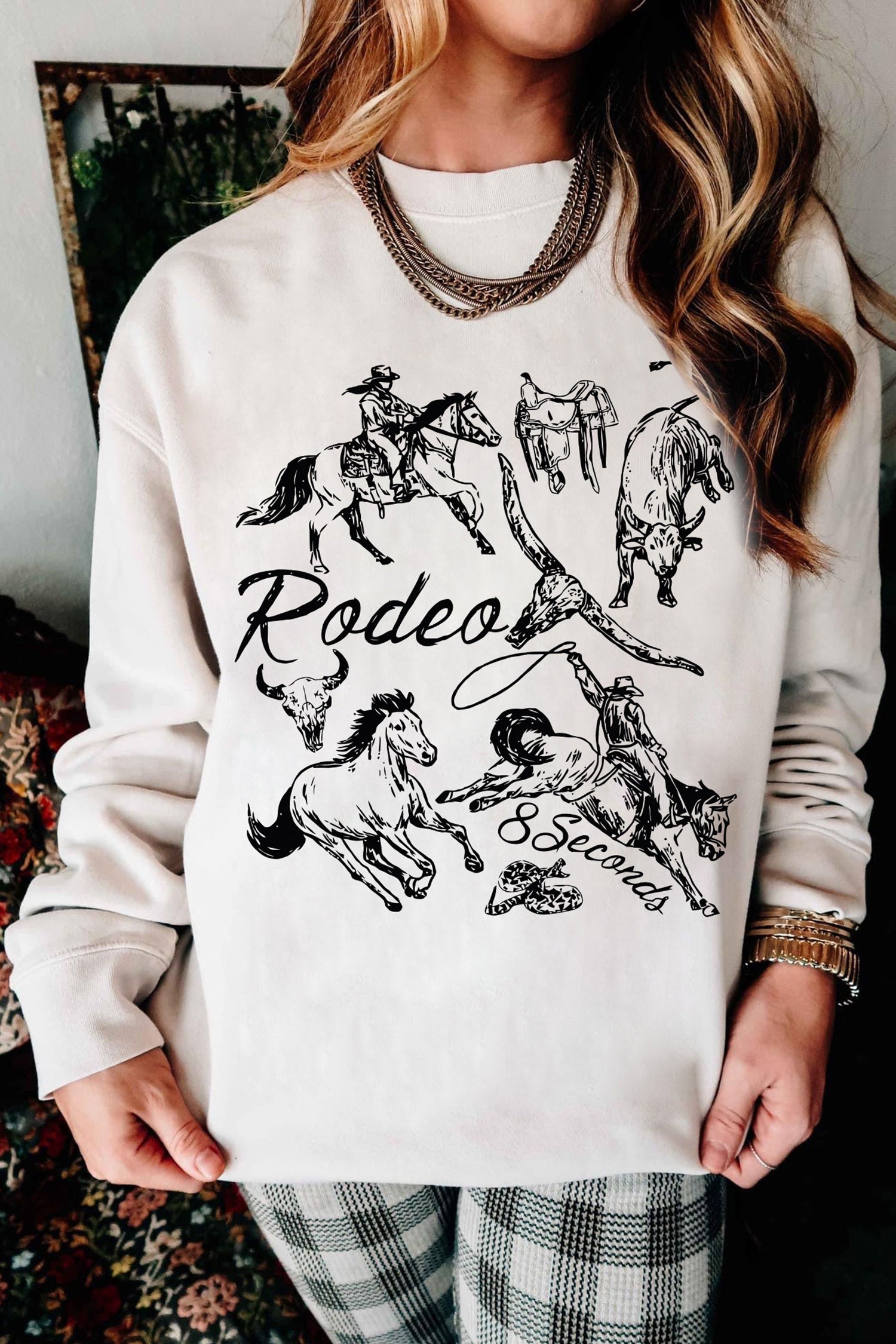 White Rodeo 8 Seconds Western Print Casual Graphic Sweatshirt