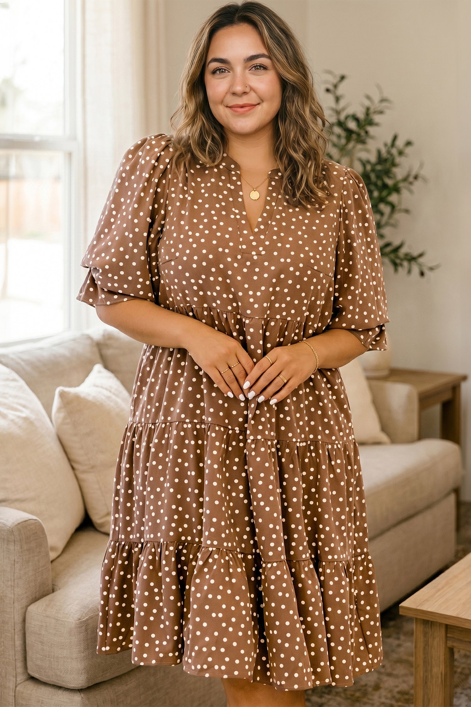 Brown V Neck Polka Dot Long Sleeve Shift Plus Size Dress