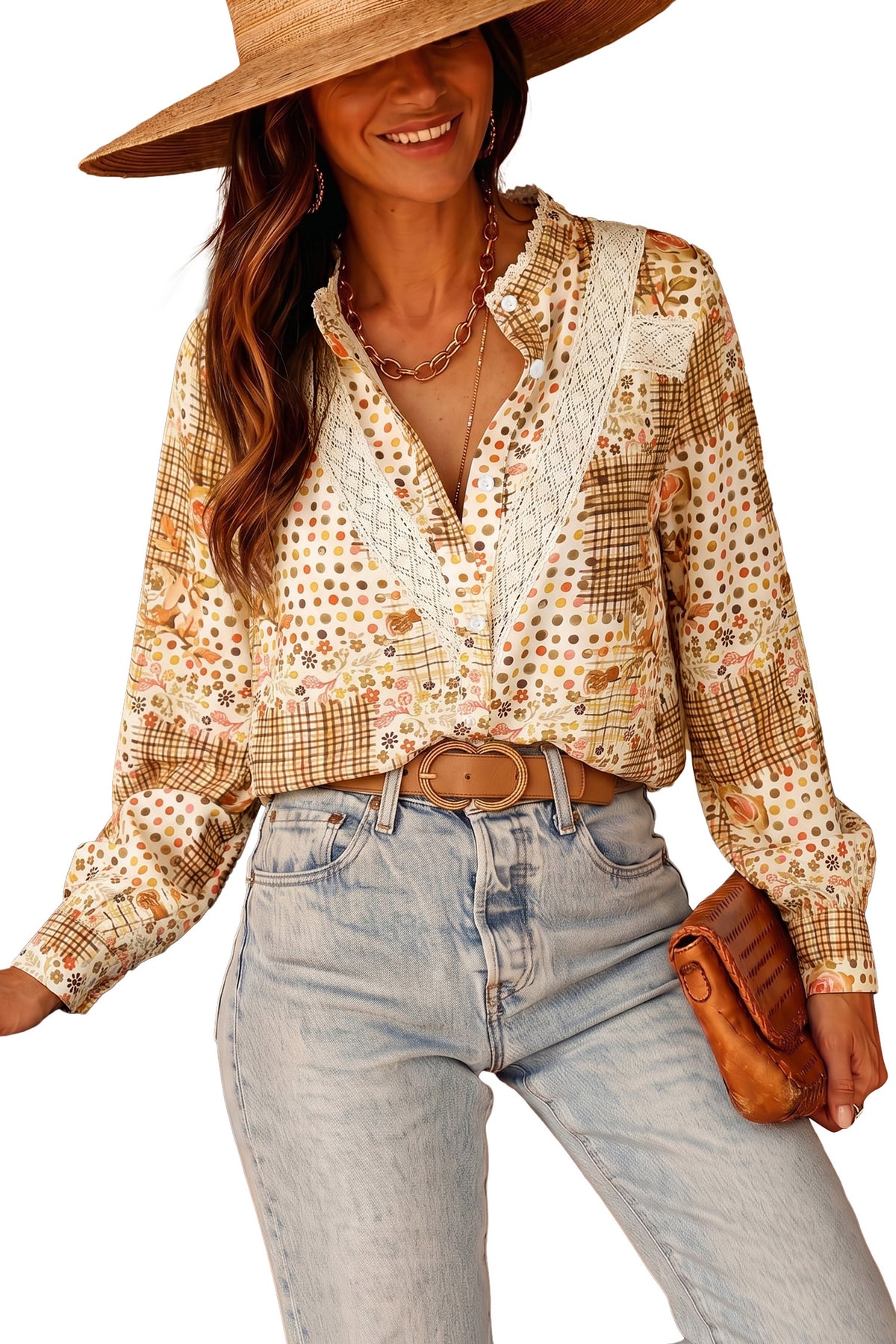 Brown Floral Lace Trim Button Down Long Sleeve Shirt