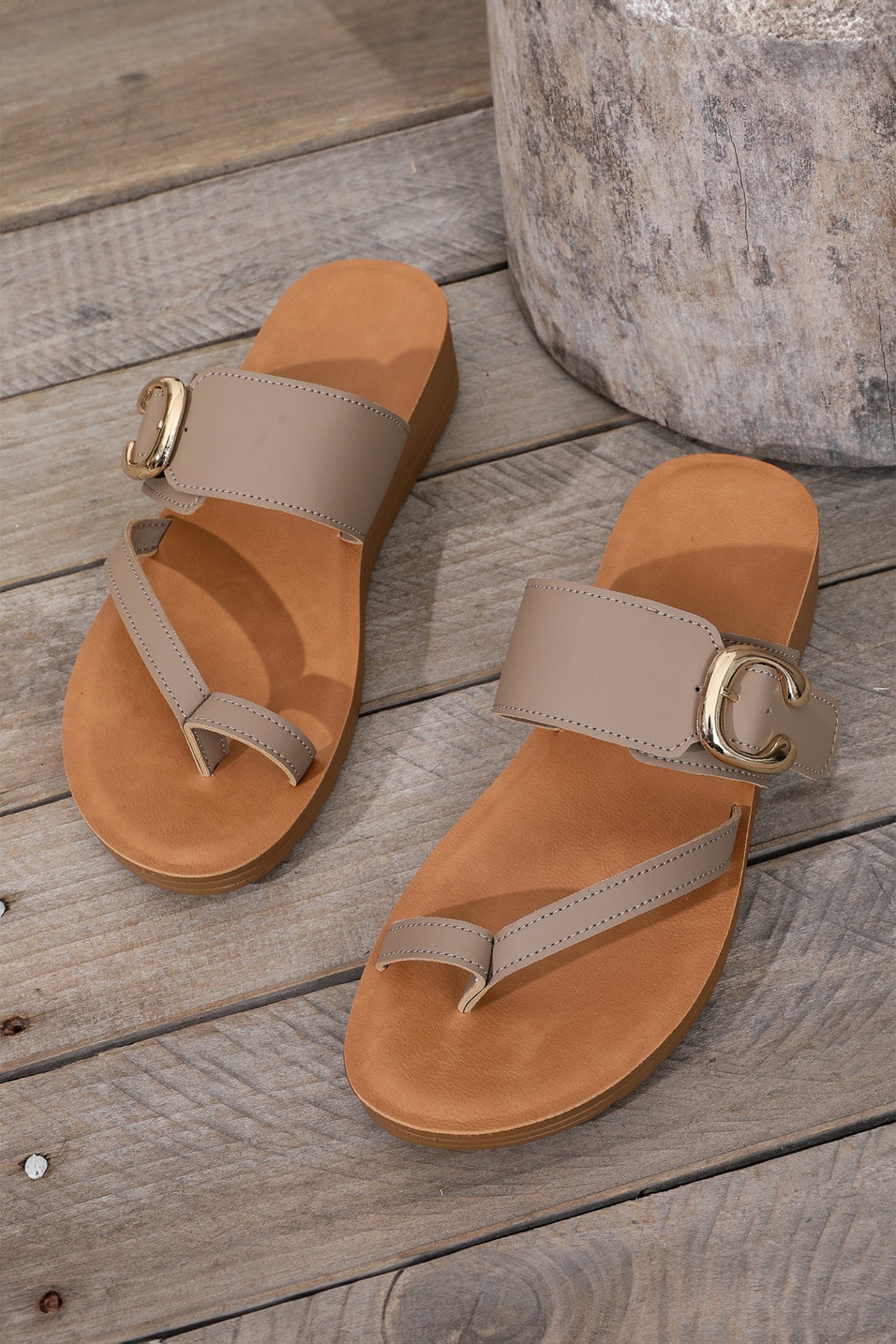 Light Grey Casual Buckle Slip-On Flat Slippers with TPR Sole
