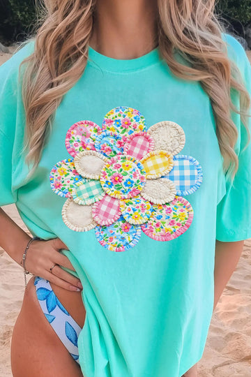Mint Green Patchwork Flower Printed Casual T Shirt