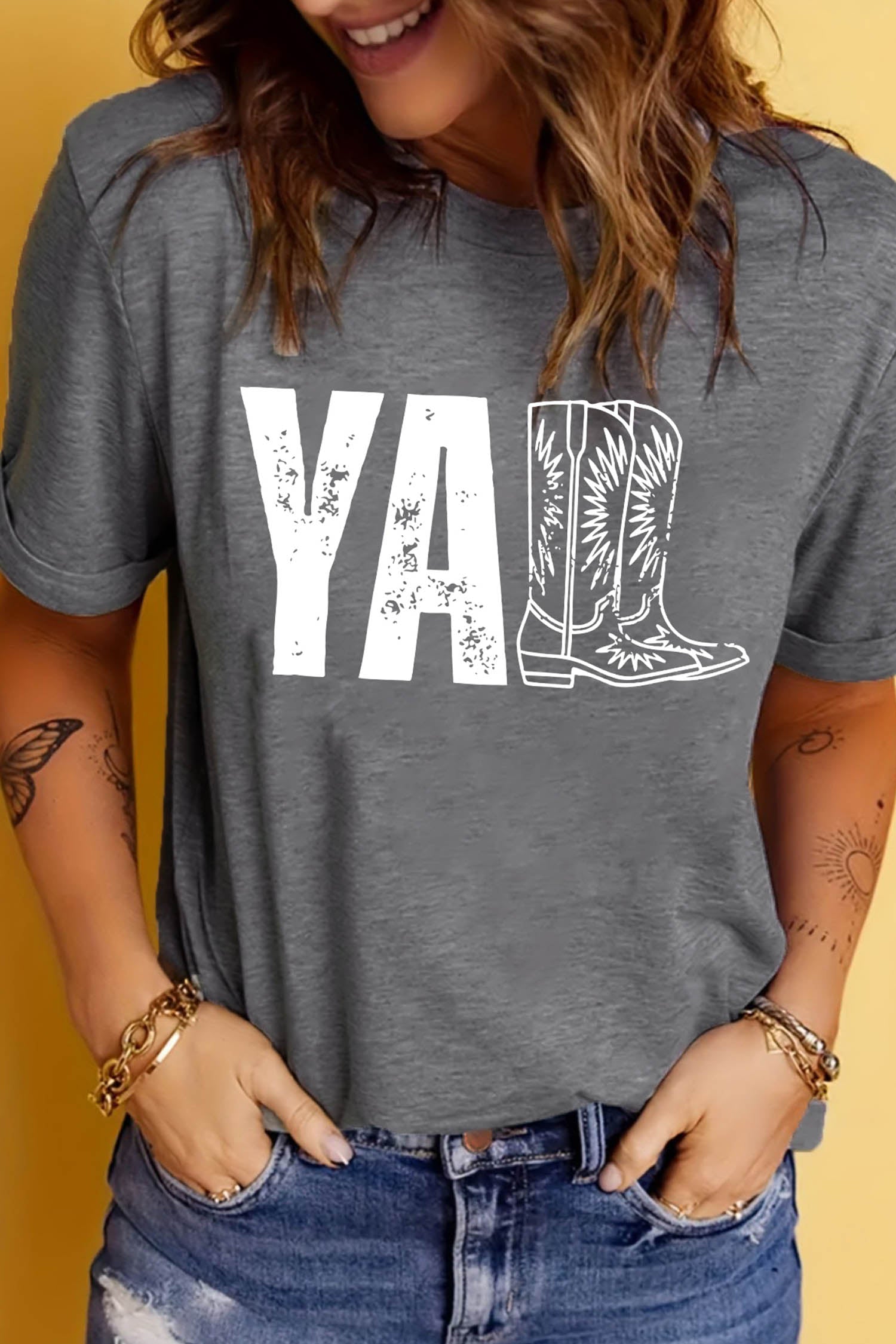 Gray Western YALL Boots Print Round Neck Casual T Shirt