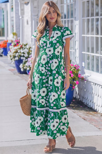 Green V Neck Ruffled Short Sleeve Flower Maxi Dress