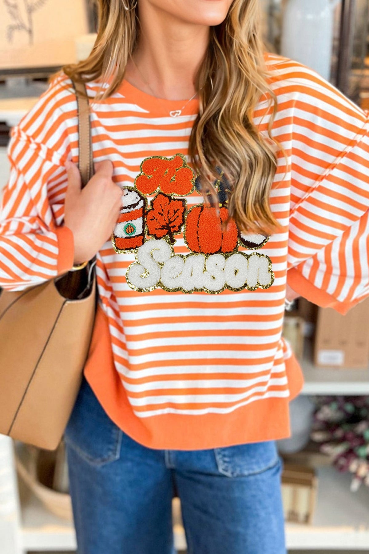 Orange Stripe Fall Vibe Pumpkin Season Graphic Long Sleeve Top