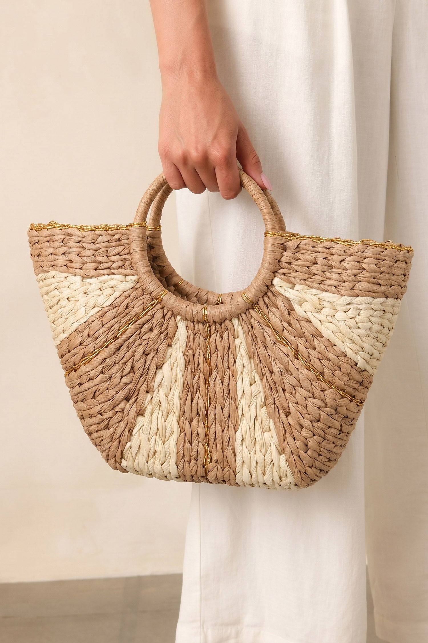 Light French Beige Fan Shape Color Block Handwoven Straw Tote Bag