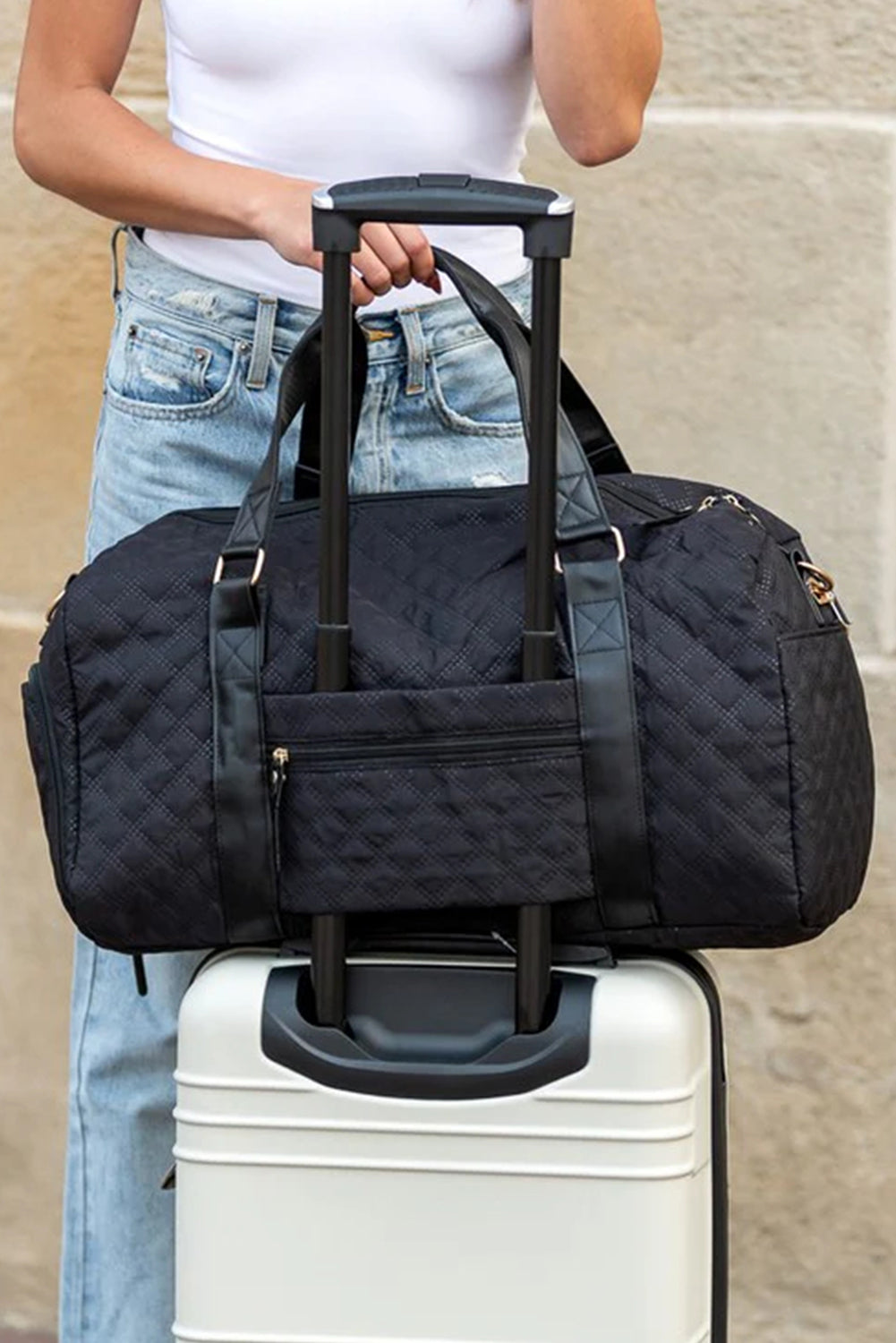 Black Rhombus Textured Waterproof Travel Duffel Bag