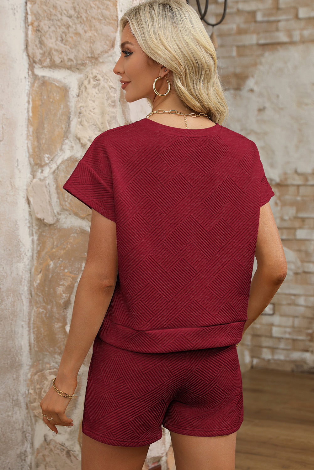 Red Dahlia Textured Short Sleeve Top and Shorts Set