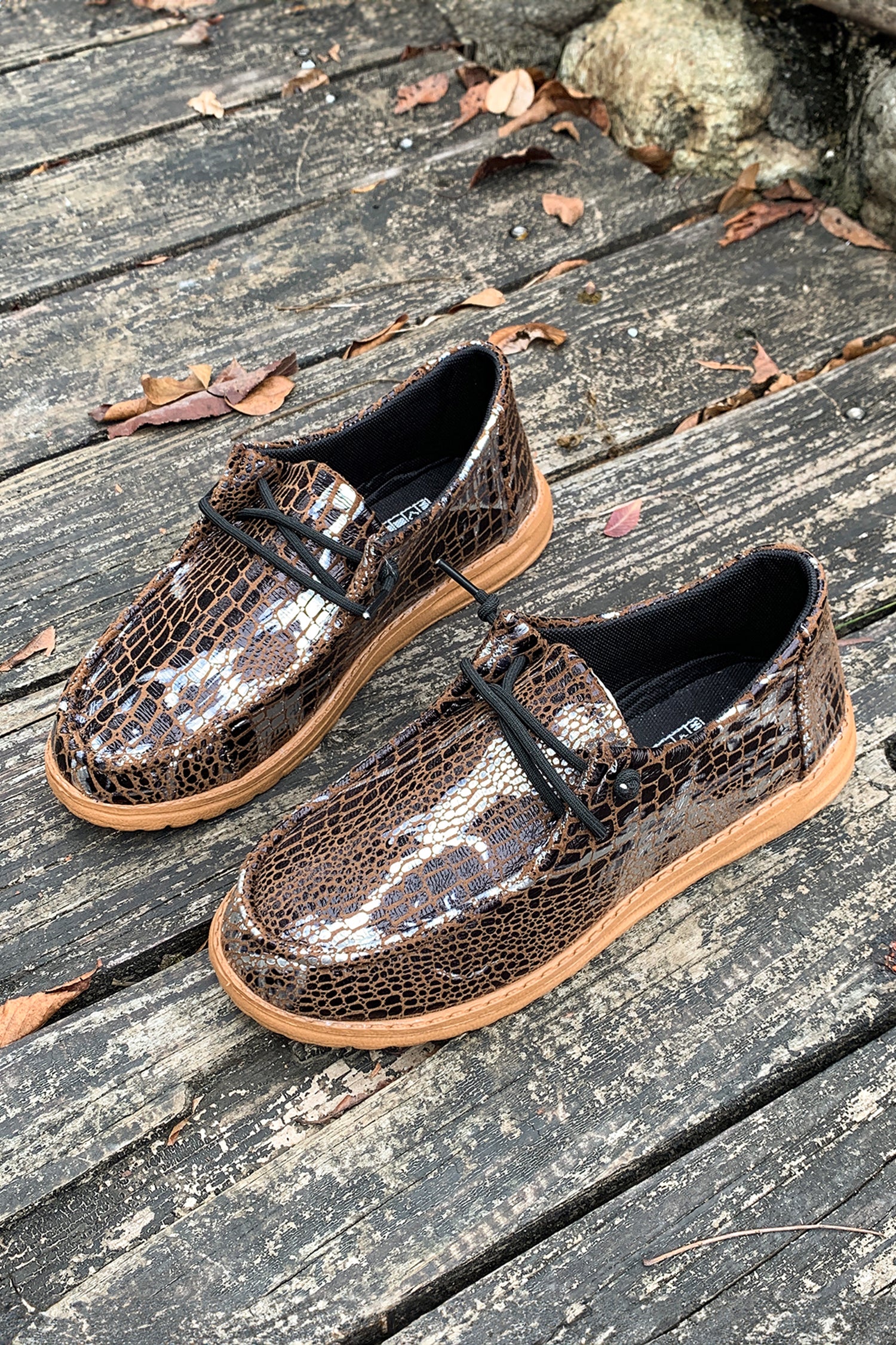Coffee Sleek Snake Skin Print Lace-up Detail Comfort Loafer Shoes