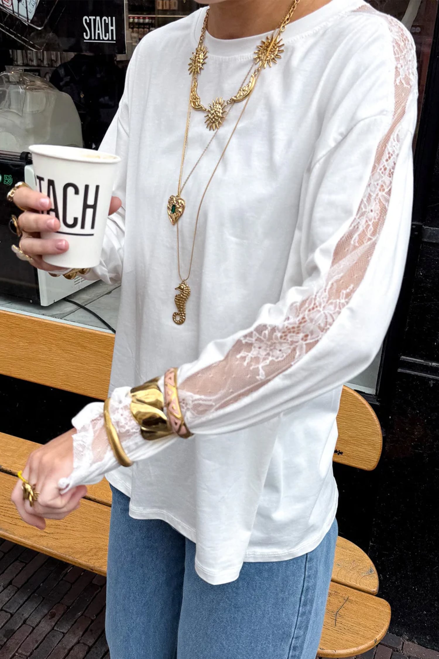 White Lace Patchwork Round Neck Long Sleeve Top