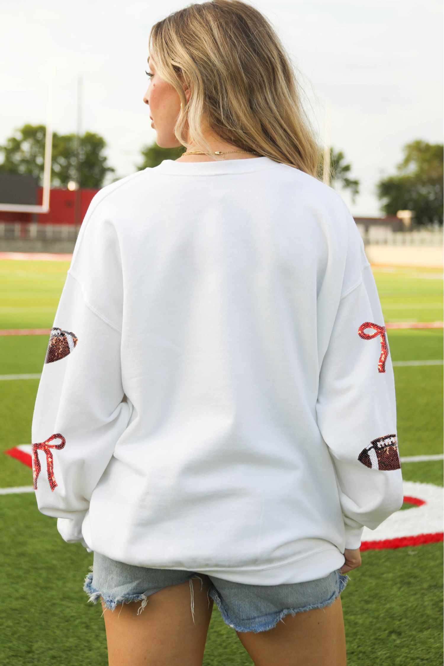 White Sequin Rugby Bow Graphic ODM Casual Pullover Sweatshirt