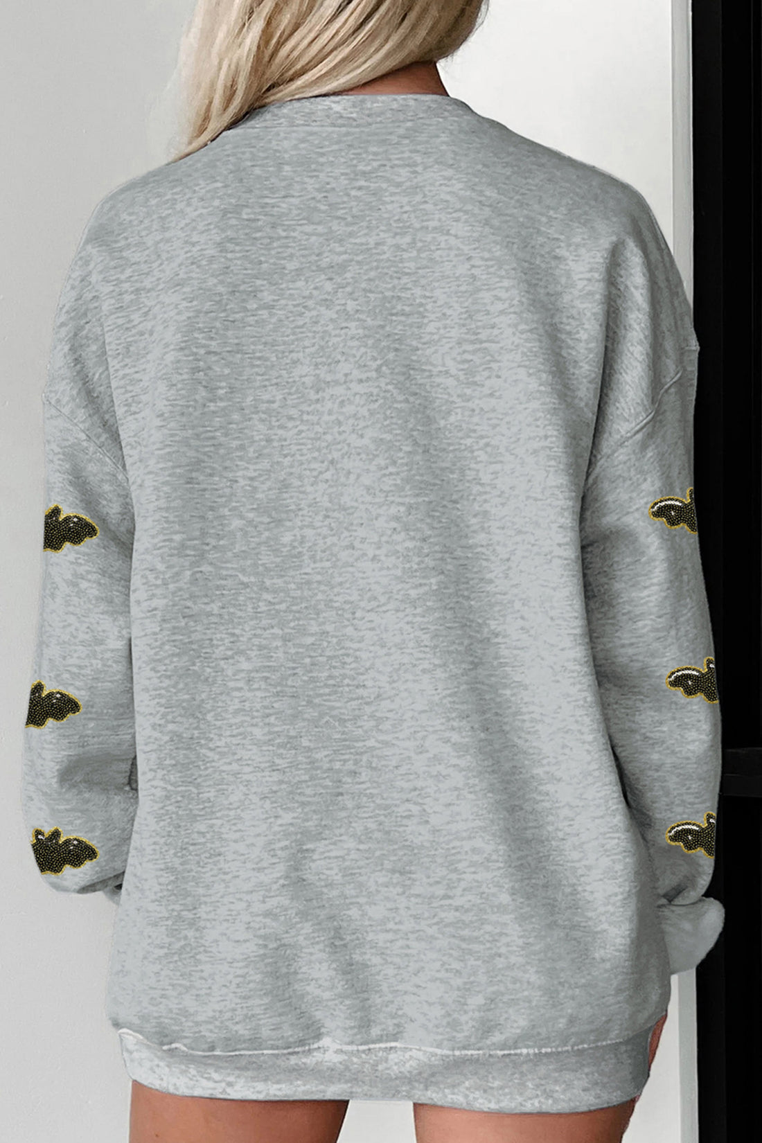 Light Grey Sequin SPOOKY Halloween Bat Embellished Sleeve Pullover Sweatshirt