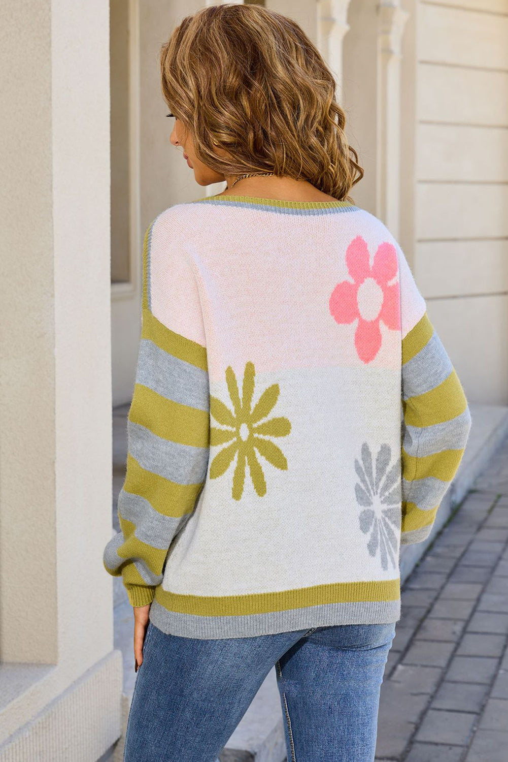 Green Stripe Dropped Sleeve Contrast Flower Print Sweater