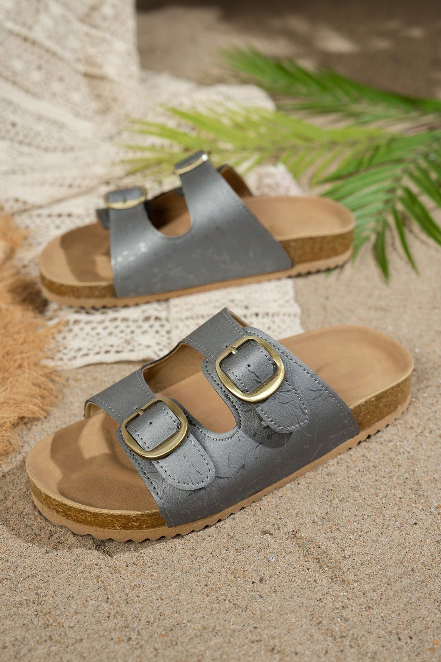 Ashleigh Blue Metallic Detail Retro Double Buckle Hollowed Slippers