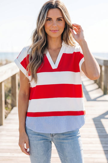 Red Stripe Collar V Neck Cuffed Dolman Short Sleeve Top