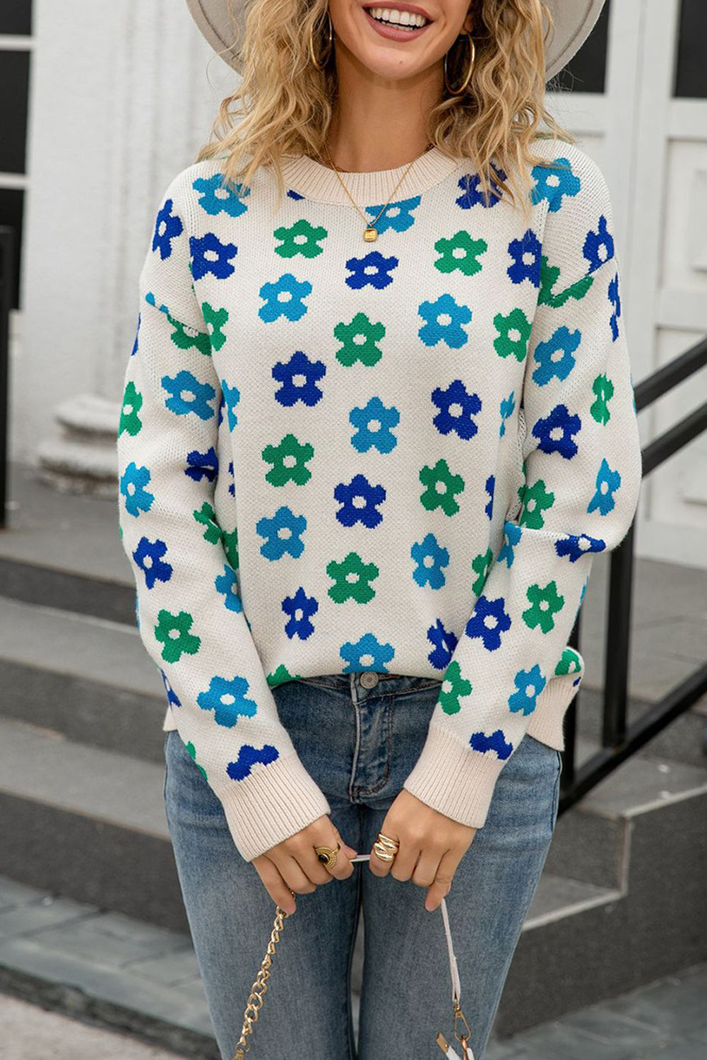 Apricot Cute Flower Allover Ribbed Trimmed Drop Shoulder Pullover Sweater