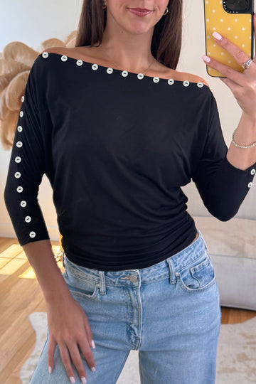 Black 3/4 Sleeve Button Detail Off Shoulder Top
