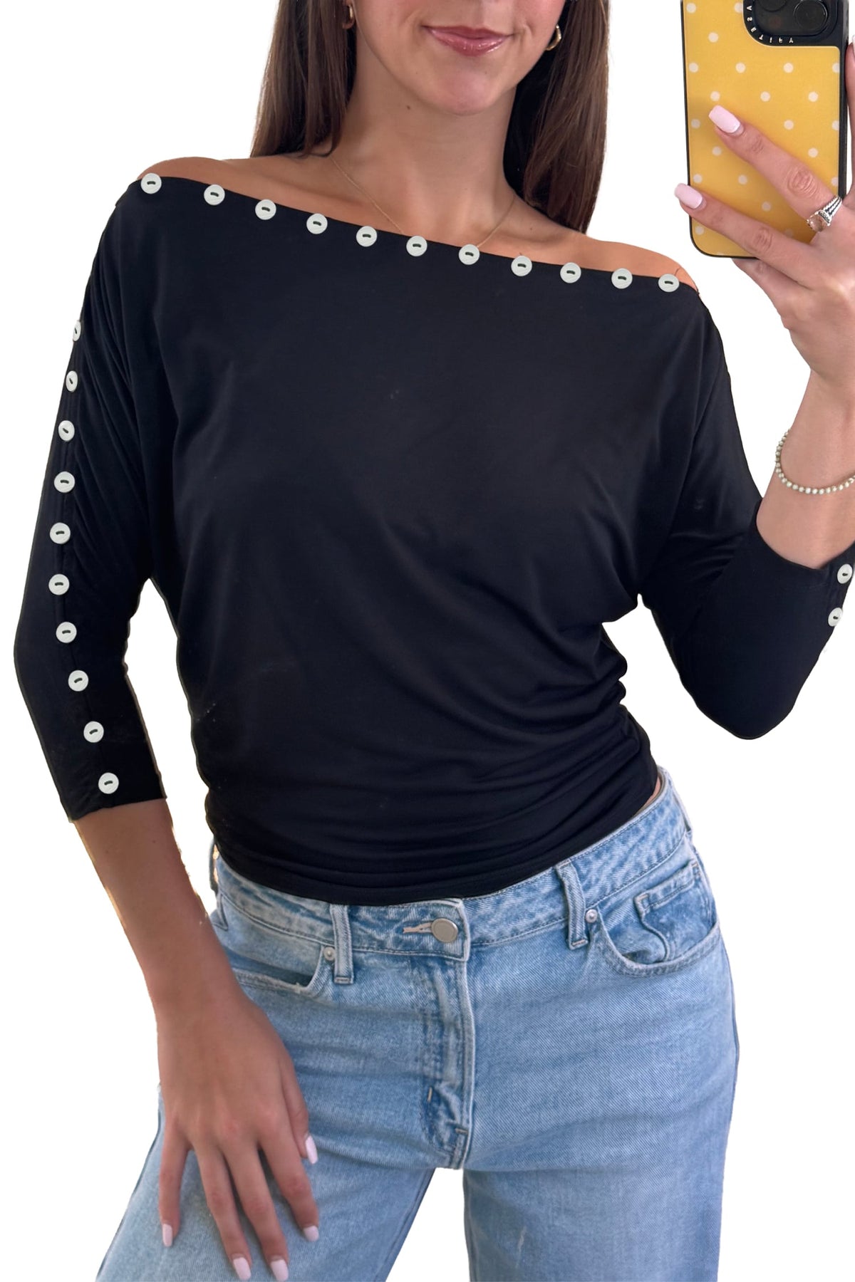 Black 3/4 Sleeve Button Detail Off Shoulder Top