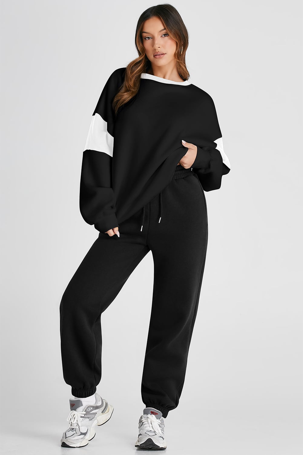 Black Drop Shoulder Loose Sweatshirt and Joggers Active Set