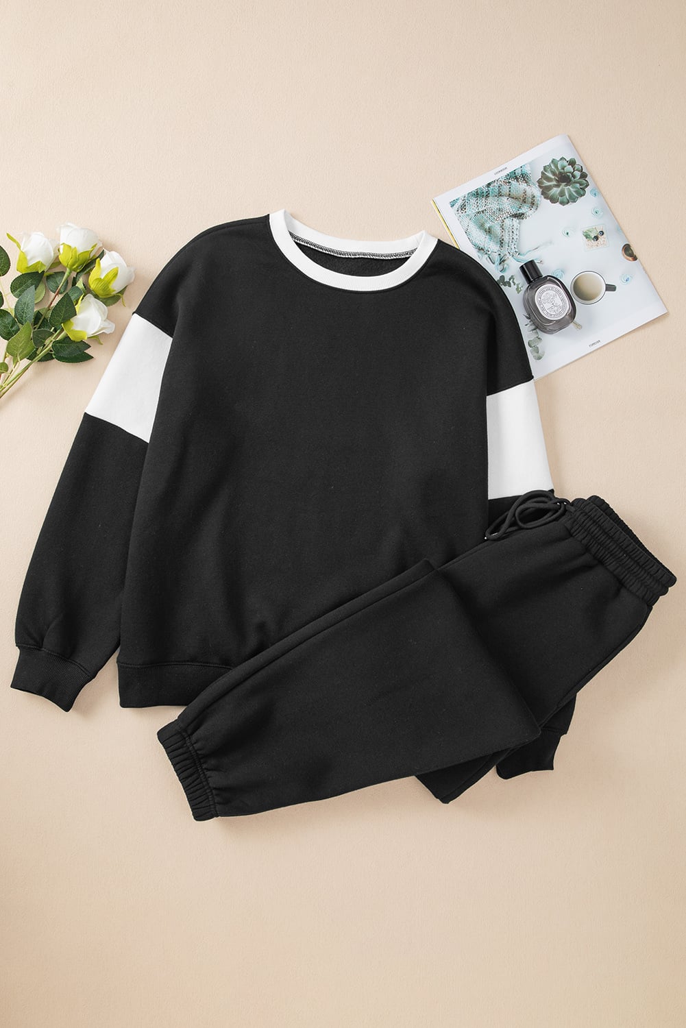 Black Drop Shoulder Loose Sweatshirt and Joggers Active Set